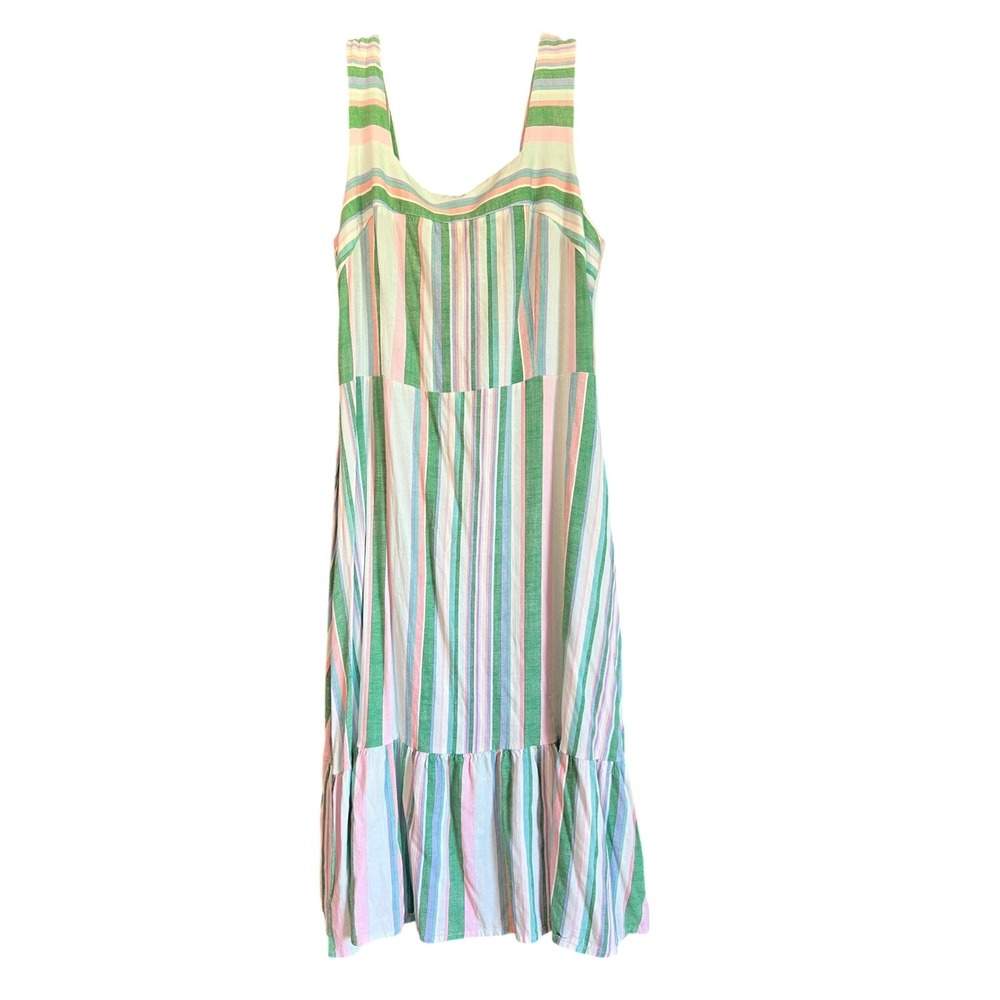 52seven Womens Multi Color Striped Tiered Midi Dress Size 16 Green Pink Blue